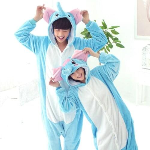 Adult Elephant Kigurumi Women Men Cartoon Animal Cosplay Costume Winter Onesie Pajama Hooded Couple Funny Party Suit