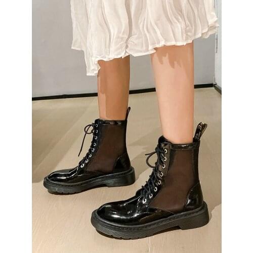 EshtonShero Classic Black Paent Leather Air Mesh Sandal Boots Women Summer Boots Lady Chelsea Shoes Woman Slides Ankle Boots