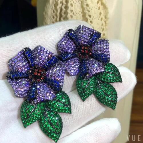 Missvikki Romantic Luxury Blue Gorgeous Big Flowers Pendant Earrings For Women Wedding Party CZ Bridal Earrings Trendy Jewelry