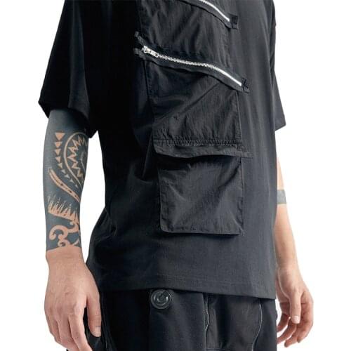 PUPIL TRAVEL PT-2012 Techwear Dual Zippers Mens Patchwork Black T-Shirts Hip Hop Style Punk Fashion