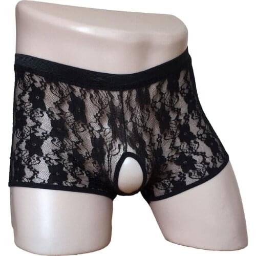 Mens Sexy Lingerie Tight Fit Floral Lace Open Pouch Boxer Brief Erotic Fetish Pole Dance Sissy Thong Underwear