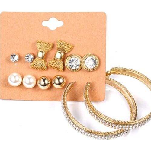 6 Pairs Anti Allergy Stud Earrings Set Rhinestone Crystal Jewelry For Women Romantic Bowknot Shape Big Loop Earring Set