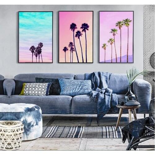 Nordic Colored Coconut Tree Landscape 3 Pieces Decorative Painting Wall Art Canvas Painting Poster for Living Room No Framed