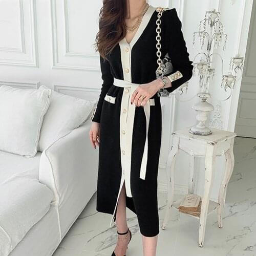 New Arrival Autumn Slim Sexy Cardigan Long Sleeve Knitted Dress Womens Korean Houndstooth Retro Lace Up Chic Dress Vestido