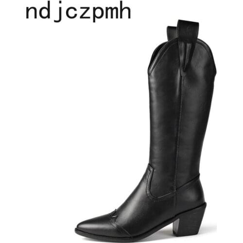 Autumn and Winter Women Boots Fashion The Western Boots Pointed Toe Mid Boots Square Heel 6cm Shoes for Women Plus Size 34-46