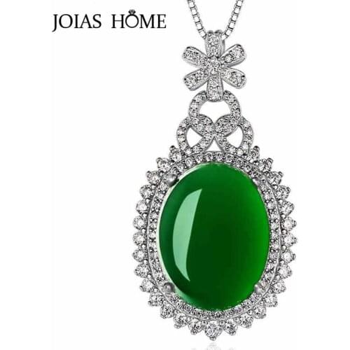 JoiasHome 925 Sterling Silver Necklace Pendant Vintage Green Chalcedony Water Drop Oval Full Diamond Pendant Mothers Day Gift