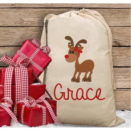 Personalized name Girls Reindeer kids storage Canvas gift toy bags Christmas Santa Sacks birthday cotton drawstring storage bag