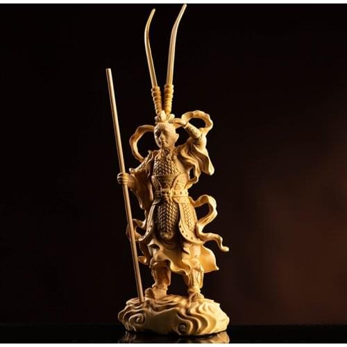 Boxwood 23cm Monkey King SculptureSun Wukong Wood Buddha Status Journey To The West Home Decoration