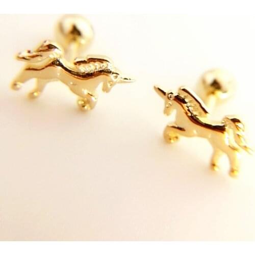 Cute 925 Sterling Silver Gold Color Small Unicornio Horse Screw Back Stud Earrings For Women Girls Kids Baby Piercing Jewelry