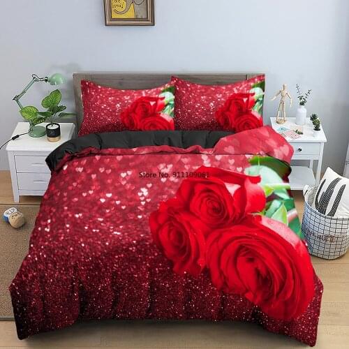 Wedding Gifts Floral Duvet Cover Full Size Bedding Sets Soft Luxury 3D Red Rose Microfiber Comforter Cover Romantic Quilt Cover