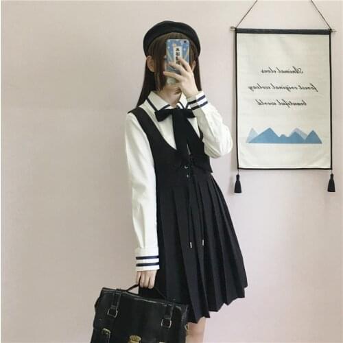 Japanese College JK Uniforms Long-Sleeved Shirt Pleated Suspender Dress Two-Piece Suit Female school girl uniform