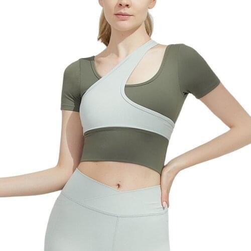Spring and Summer Women Patchwork Yoga T Shirts Chest Pad Quick Dry Tight Running Tops Training Gym Fitness Workout Sportswear