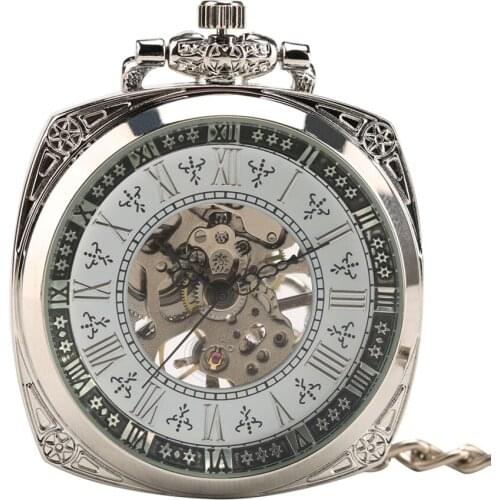 Vintage Creative Hand Wind Mechanical Unisex Antique Pocket Watch Unique Dial Silver Square Pendant Clock Punk Style for Men Wom