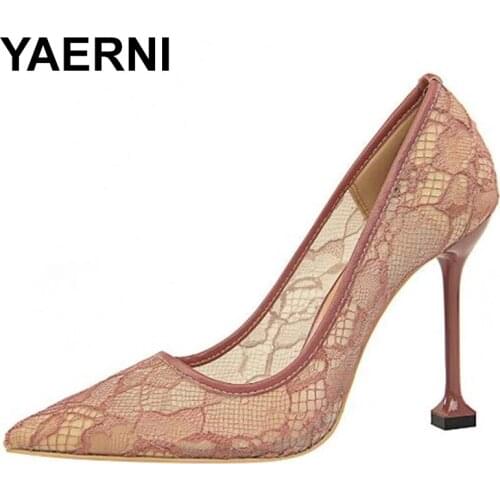 YAERNI Western Style Fashion Sexy Nightclub Lace Hollow out Mesh Slimming Shallow Mouth Pointed High Heel WOMENS Shoes