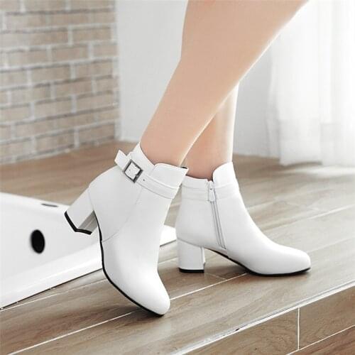 YQBTDL Autumn Winter Block Chunky High Heels Ankle Boots for Women Black Brown White Buckle Woman Booties Office Lady Shoes 43