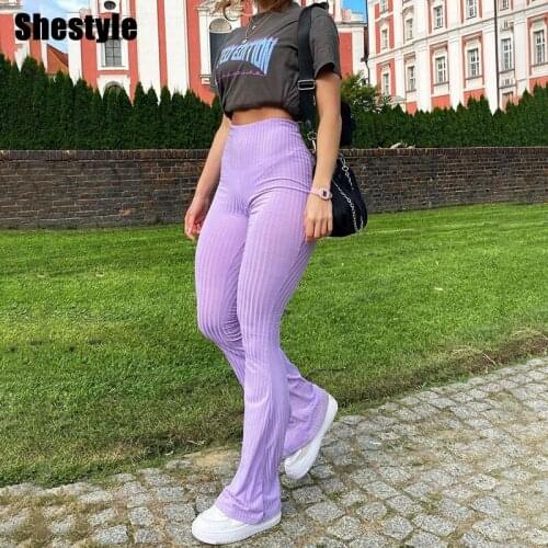 Shestyle Purple Flare Pants Women Sexy Club Casual Skinny Stretchy Push Up Woven High Waist 2021 Spring Trousers Dropshipping