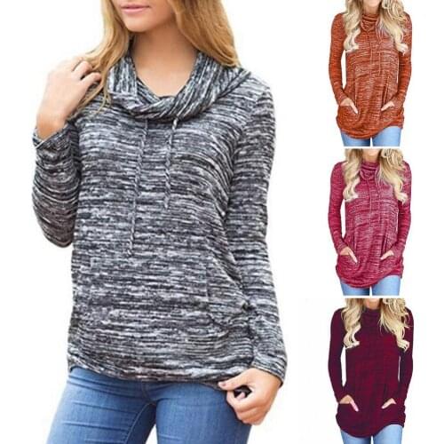 New Stylish Pullover Tops Long Sleeve Pile High Neck Collar Women Pockets Cotton Sweatshirts for Dating Streetwear