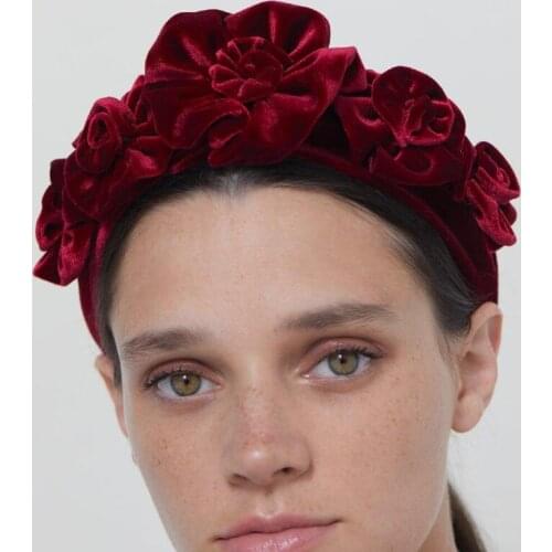 Red Flower Crown Headband Vintage Korean Velvet Hairband Wedding Floral Head Wreath Bridesmaid Bridal Female Hair Jewelry F11191