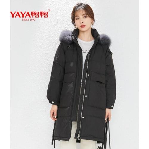 YAYA 2021 Puffer Womens Winter 90% Duck Down Jacket Real Fur Collar Hooded Down Coat Long thick Loose Warm Outerwear Overcoat