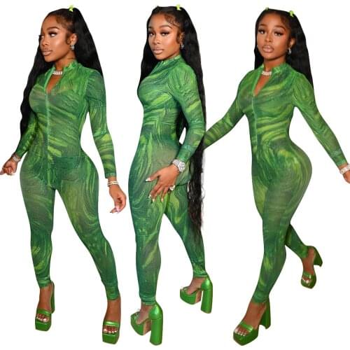 Women Mesh See Through Jumpsuit 2021 Autumn Long Sleeves Zipper Neck Pencil Pants S-2XL Nightclub Party Rompers Newest Arrivals