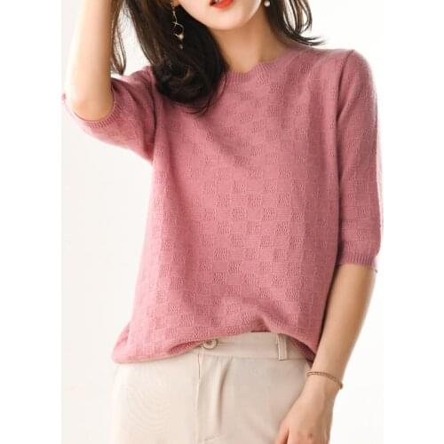 2020 Spring And Summer New Solid Color Cashmere Wool Sweater Loose Knitting Female Round Neck Five-Point Sleeve Hollow Pullover