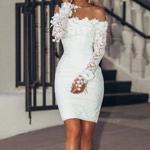 Women Sexy Lace White Dress Slash Neck Off Shoulder Dresses Lace Long Sleeve Dress Cocktail Party Elegant Dresses Summer Vestido