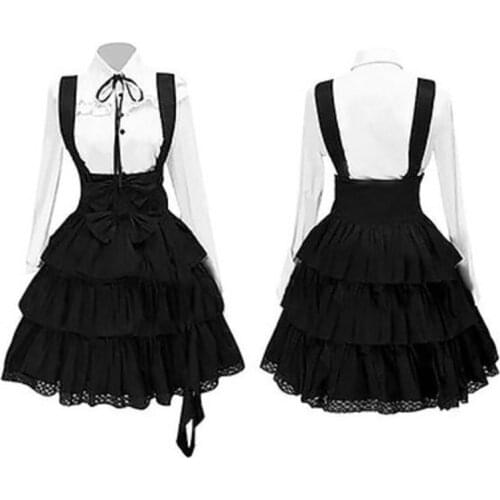 2021 Klasik Wanita Lolita Gaun Vintage Terinspirasi Wanita Pakaian Cosplay Anime Gadis Hitam Panjang Lengan Panjang Kemeja gaun