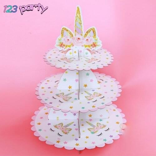 1 Set Creative Unicorn Cartoon 3-tier Cake Stand Baby Shower Supplies Kids Birthday Party Decoration Cupcakes Holder