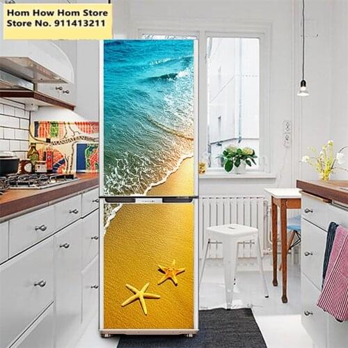 3D Refrigerator Cover Sticker Self Adhesive Removable Fridge Door Decals Blue Sky Beach Scenery Wallpaper For Kitchen Home Decor