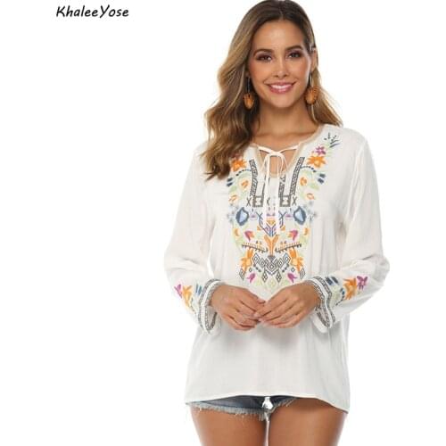 KHALEE YOSE White Floral Embroidery Blouses Shirt Plus Size Cotton Boho Hippie Mexican Shirt Long Sleeve 23xl Ethnic Chic Shirt