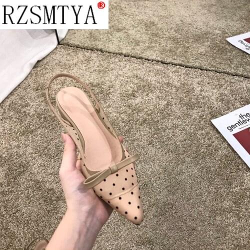 Little Fairy Sister Pointed Retro Mesh Gauze Polka Dot Back Drawstring Bow Low Heel Ladies Shoes Summer Spring Sandal