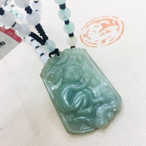 Pure natural Emerald jade Hand-carved large oily zodiac monkey pendant with emerald three-color bead necklace sweater chain