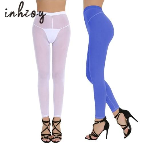 Pole Dance Clubwear Women Sexy See-through Sheer Mesh Trousers Yoga Gym Fitness Workout Elastic Leggings Nightwear