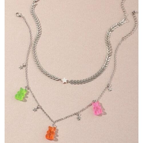 New Handmade Cute Gummy Cartoon Bear Chain Layer Necklace Candy Color Pendant Ladies Ladies Daily Jewelry Party Gift Choker