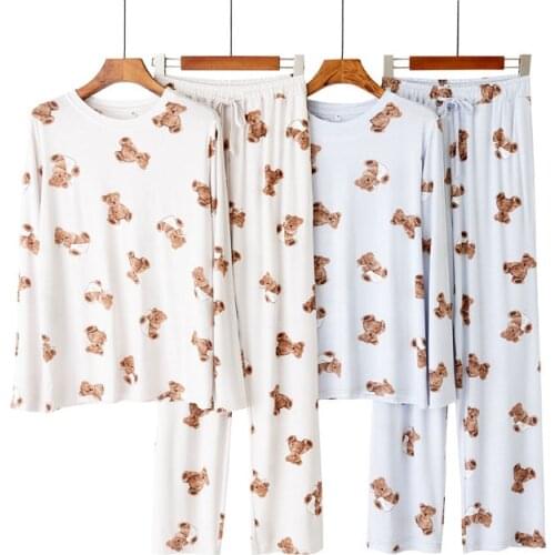 Cotton Pants Pajamas Set for Womens Spring and Autumn Thin Long Sleeve Cartoon Cute Bear Printed Loose Round Neck Homewear Suit