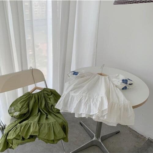 2021 Korea style girls embroidery dress fashion cotton summer shorts sleeve girls dresses