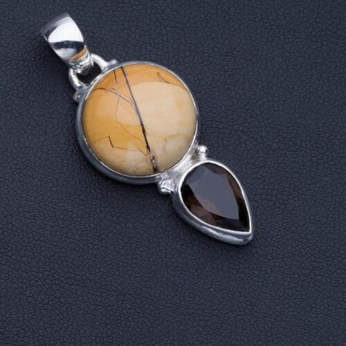 Natural Brecciated Mookaite and Smoky Quartz Punk Style 925 Sterling Silver Pendant 1 3/4" P0701