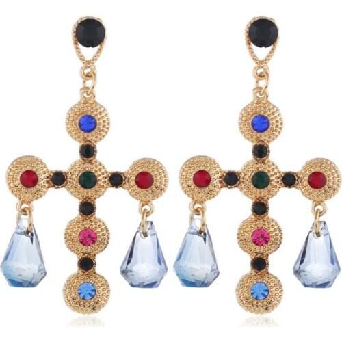 Luxury Baroque Water Drop Cross Earrings for Women Euramerican Palace Jewelry Retro Crystal Exaggeration Dangle Earring