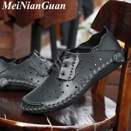 Leather Men Shoes Big Size 50 Mens Sneakers Hollow Handmade Mens Shoes Casual Fashion Light Moccasin Man Comfort Low Loafers L9