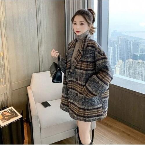 Vintage Women Woolen Coats Autumn Winter Thick Warm Loose Plaid Overcoat Turn-Down Collar Double Breasted Mid-Length Wool Jacket