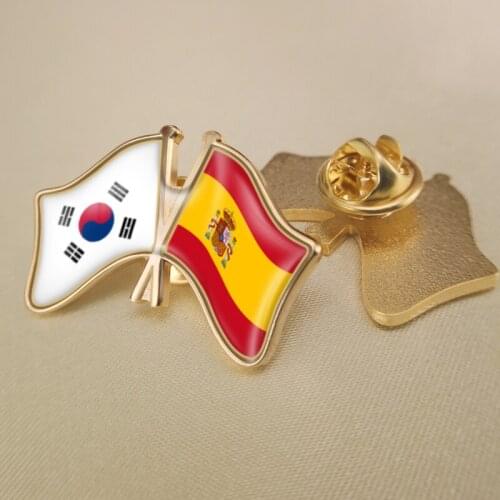 South Korea and Spain Crossed Double Friendship Flags Lapel Pins Brooch Badges