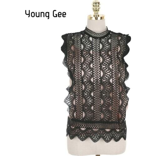 Young Gee Hollow Out Wave Lace Sleeveless Blouse Back Buttons Shirts Women Elegant Tops 2018 Summer Blouses blusa feminina mujer