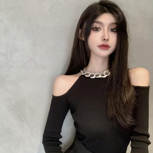 Woman Sweaters Femme Chandails Short Sweater Womens Autumn and Winter Drill Chain Knitwear off-the-Shoulder Top Pull Hiver