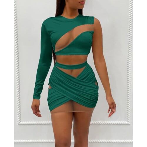 Sexy Mesh Patchwork Single Sleeve Irregular T Shirt Top + Cross Mini Skirt Party Club Bodycon Two Pieces Skirts Suits Women