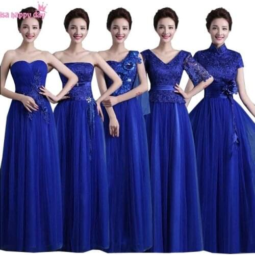 Royal blue vestidos de festa long tulle brides maid the bride dresses 2020 high neck long length dress for bridesmaid B3051