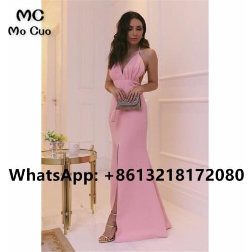 Simple 2021 Pink Mermaid Evening Dresses Long Draped Floor Length Front Slit Backless Prom Dresses Formal Evening Party Dress