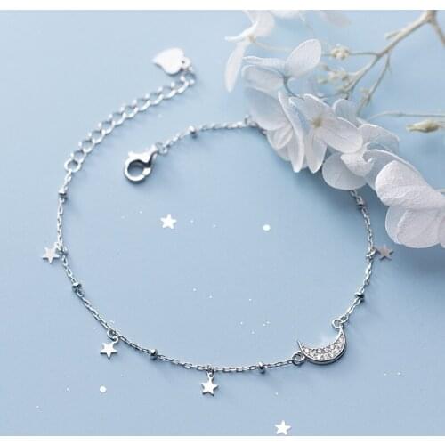 100% real. 925 Sterling silver Fine Jewelry Star &Mini CZ Moon Lucky Beads Chain Bracelet Wrist womens C-S3370