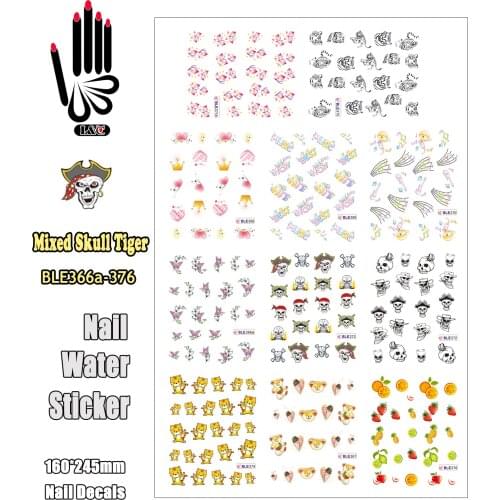 11 Sheets/Lot Nail Water BLE366a-376 Mixed Skull Tiger Nail Art Water Sticker Decals for Nail Beauty(11 DESIGNS IN 1)