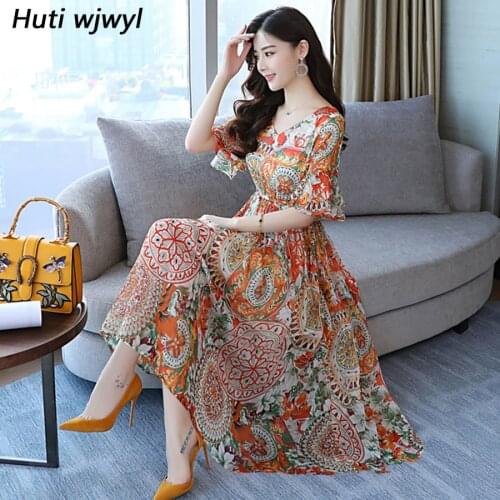 2021 Plus Size Elegant Floral Chiffon Midi Dress Summer New Female Vintage Maxi Beach Sundress Women Bodycon Boho Party Vestidos