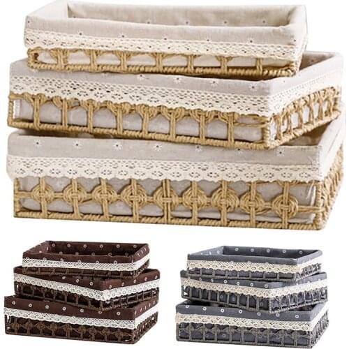 3Pcs Desktop Storage Basket Woven Straw Baskets Desktop Storage Sundries Toy Storage Box Container Kitchen Organizer